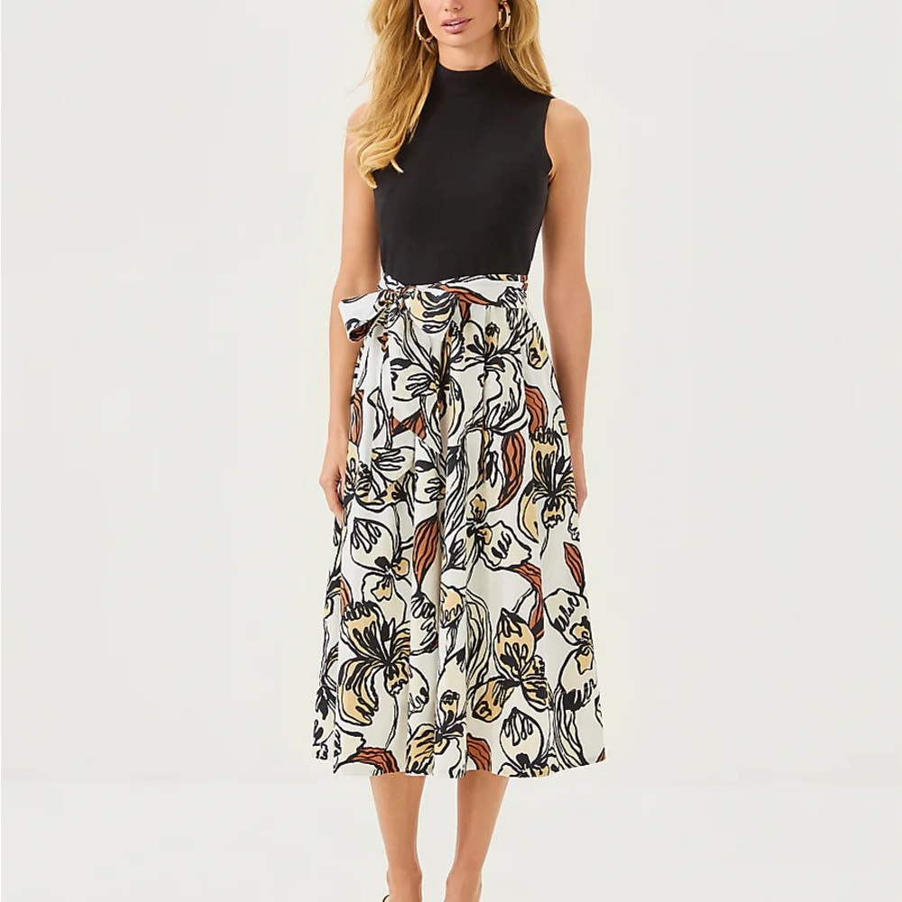 Lilly Pulitzer White Floral Midi Skirt with Black & Rust Accents
